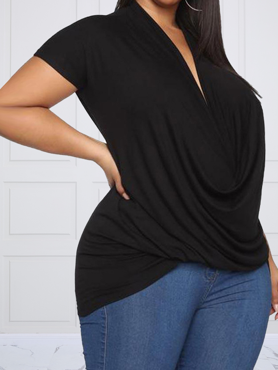 

Lovely Plus Size Casual V Neck Fold Design Black T-shirt
