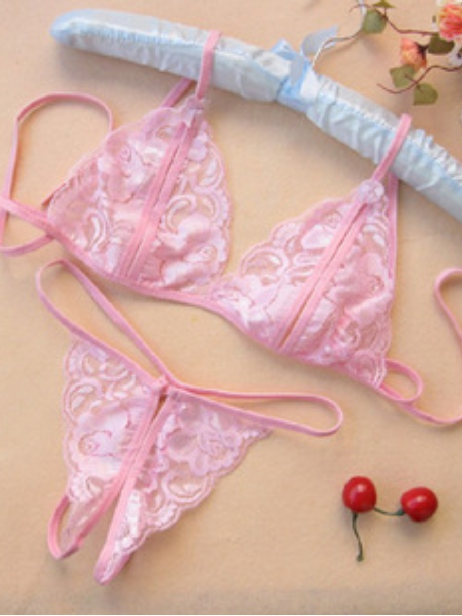 Lovely Sexy See-through Bandage Design Pink Bra Set