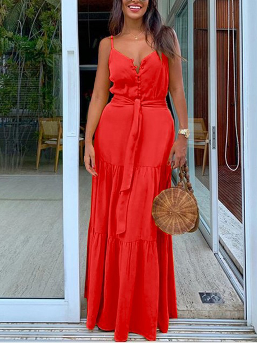 

Lovely Plus Size Casual Bandage Ruffle Design Red Floor Length Dress