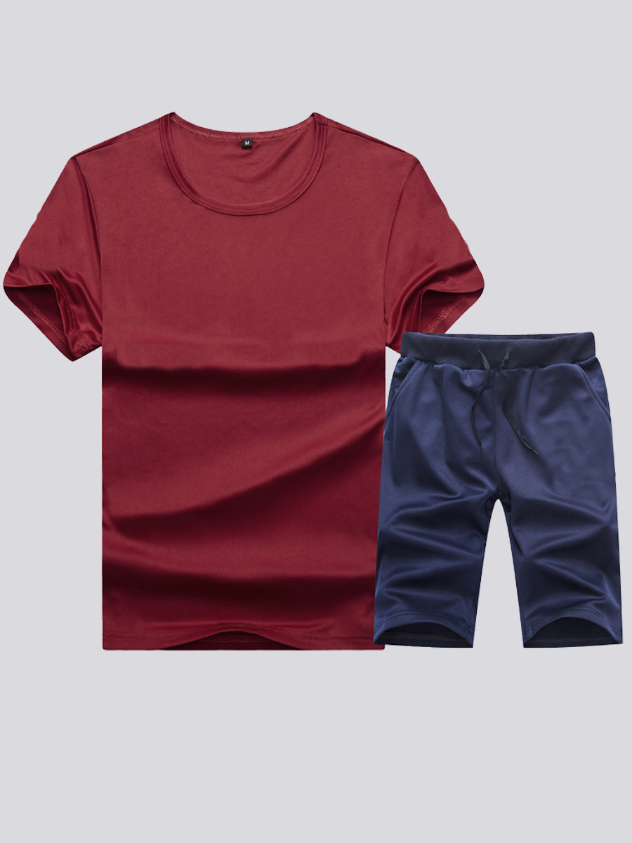 

Lovely Men Casual O Neck Drawstring Red Two Piece Shorts Set