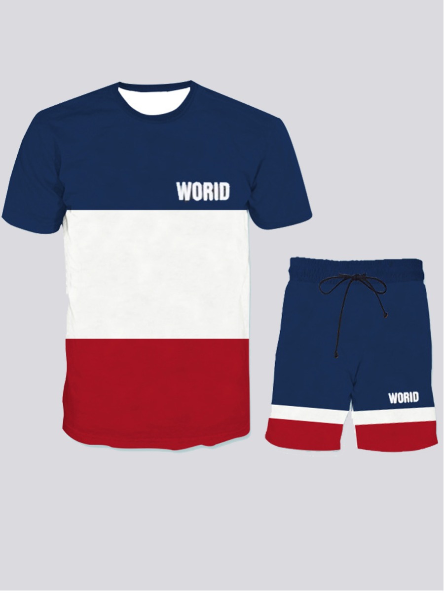 

Lovely Men Casual Letter Print Patchwork Blue Two Piece Shorts Set