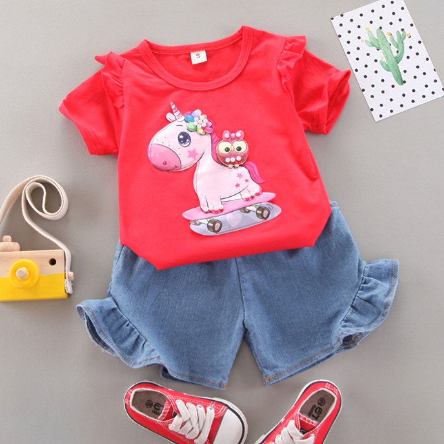 

Lovely Girl Casual Cartoon Print Flounce Design Red Two Piece Shorts Set