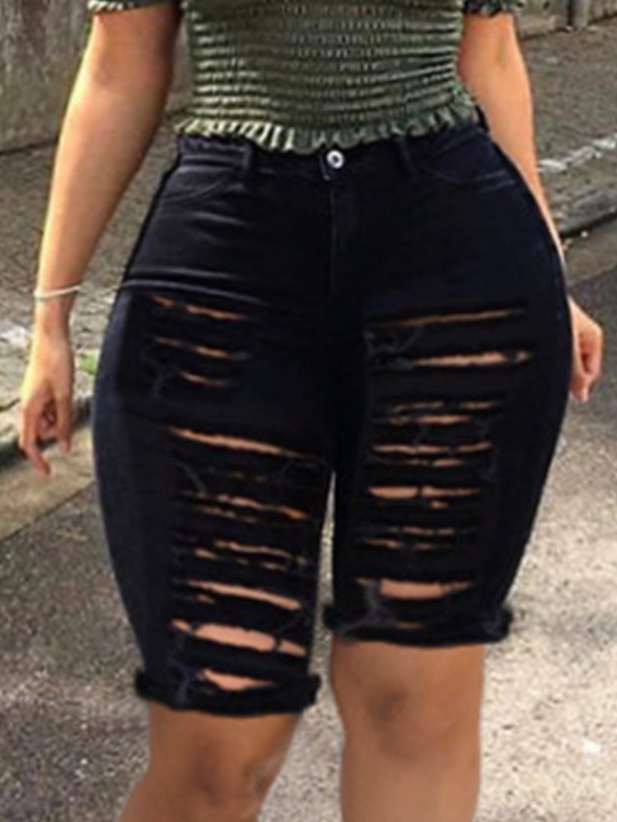 

Lovely Plus Size Street High-waisted Ripped Black Denim Shorts