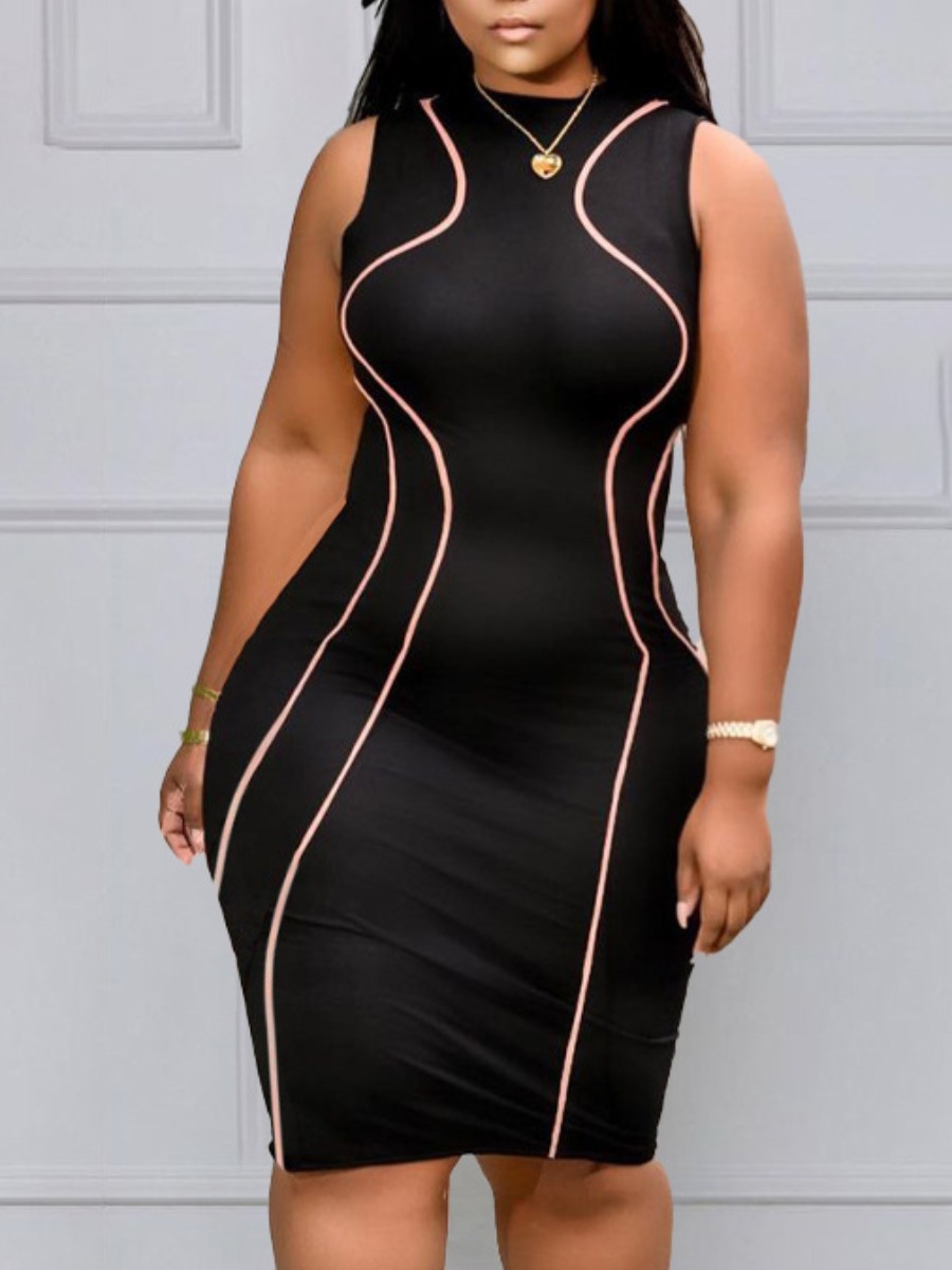 

LW Plus Size Casual O Neck Striped Black Knee Length Dress