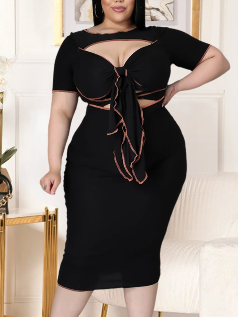 

Lovely Plus Size Street Bandage Hollow-out Design Black Mid Calf Dress
