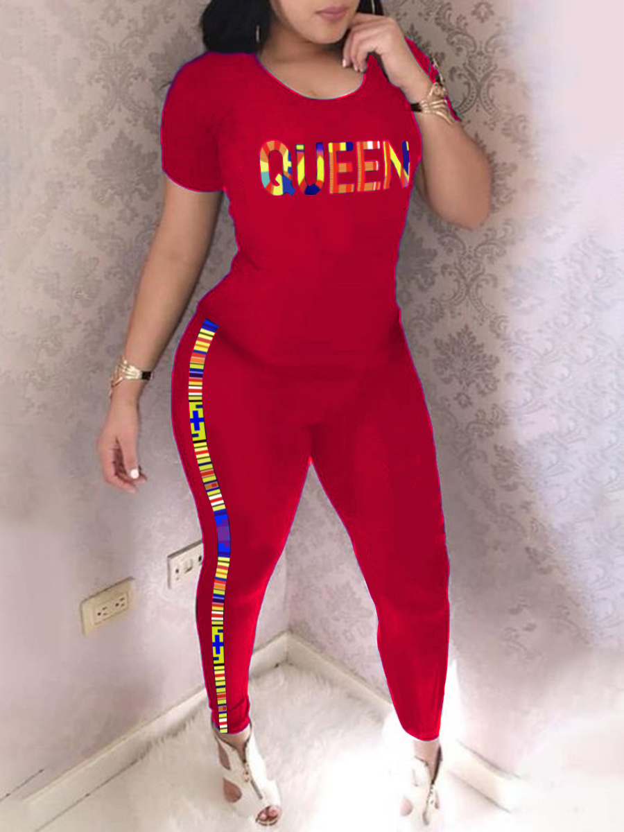 

LW Trendy Letter Print Striped Red Two Piece Pants Set