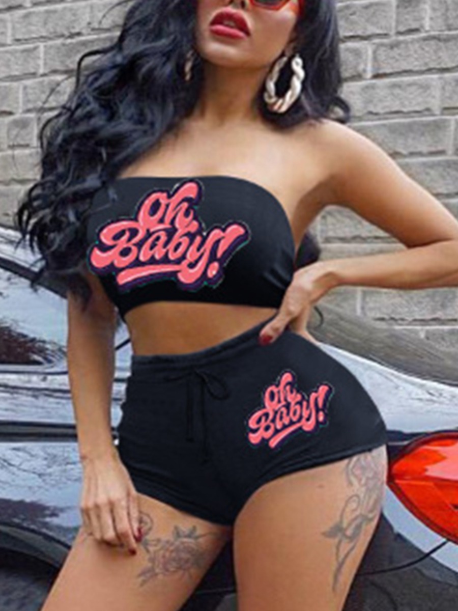 

Lovely Casual Off The Shoulder Letter Print Black Two Piece Shorts Set