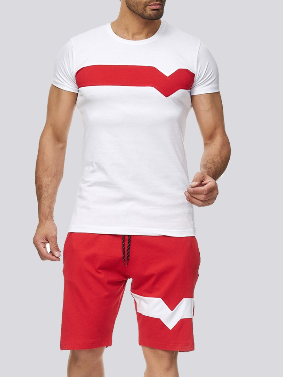 

Lovely Men Sporty Color-lump Drawstring White Two Piece Shorts Set