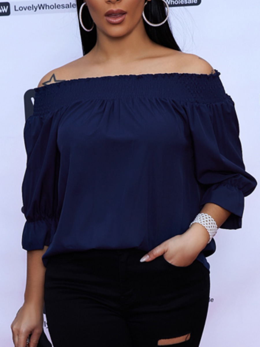 

Lovely Sweet Off The Shoulder Ruffle Design Blue Blouse
