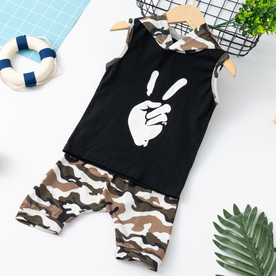 

Lovely Boy Street Hooded Collar Camo Print Black Two Piece Shorts Set