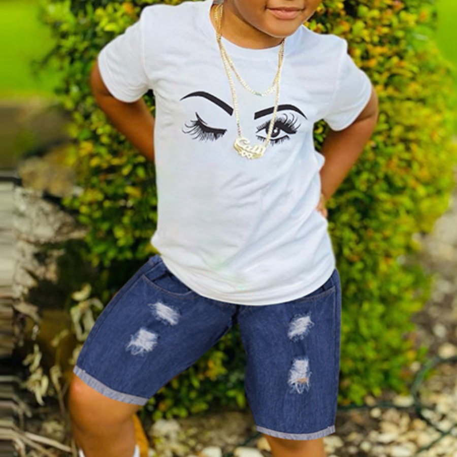 

LW COTTON Casual Eyelash Print Ripped White Two Piece Shorts Set