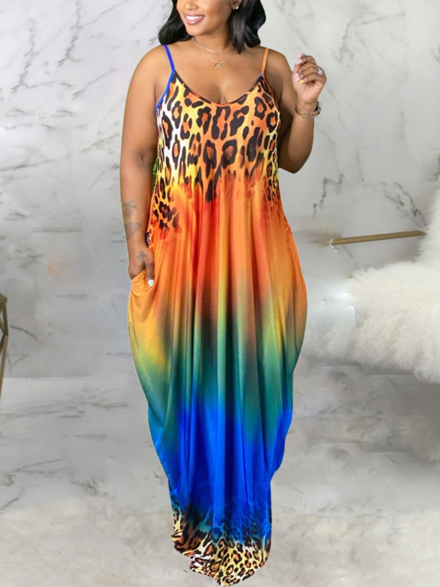 

LW BASICS Plus Size Boho Leopard Print Tie-dye Multicolor Floor Length Dress, Multi