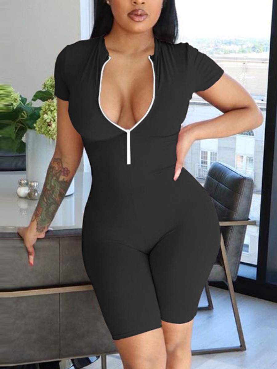 

LW BASICS Casual V Neck Button Design Black One-piece Romper