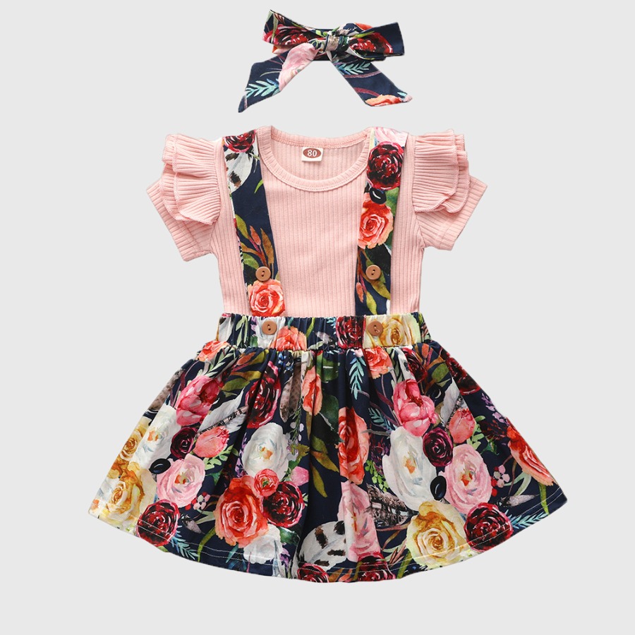 

Lovely Girl Sweet Floral Print Flounce Design Pink Two Piece Skirt Set(With Headband)