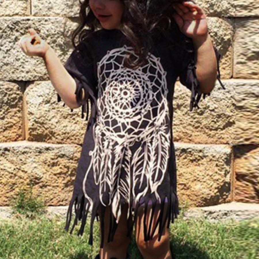 

Lovely Casual Geometric Print Tassel Design Black Knee Length Dress