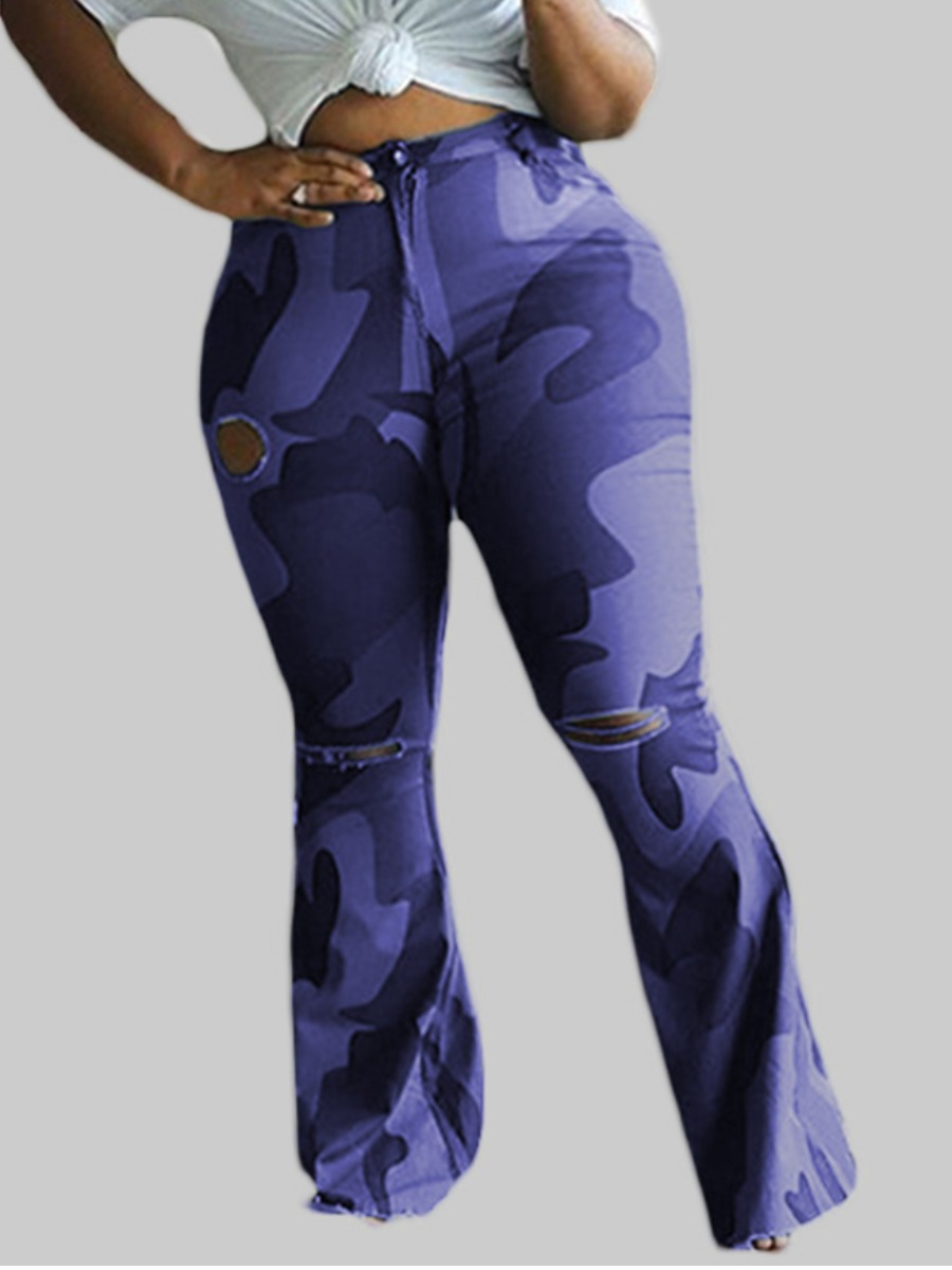 

Lovely Plus Size Casual Camo Print Ripped Flared Violet Pants