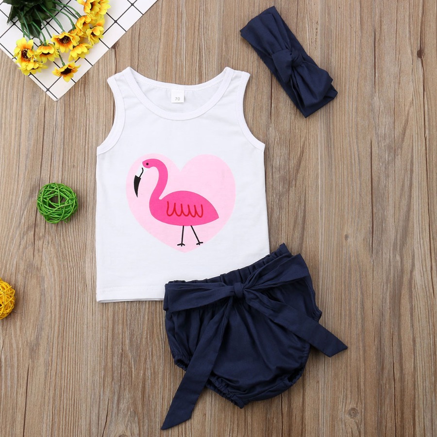 

Lovely Gorl Casual Flamingo Print Bow-tie Dark Blue Two Piece Shorts Set(With Headband)