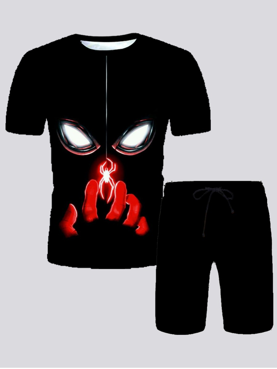 

Lovely Men Casual O Neck Print Drawstring Black Two Piece Shorts Set