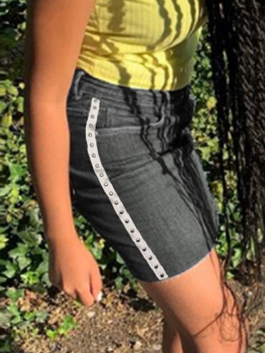

LW Casual Striped Raw Edge Deep Grey Mini Denim Skirt, Dark grey