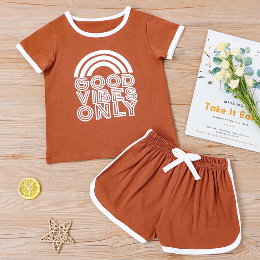 

LW COTTON Girl Sporty Letter Print Striped Drawstring Brown Two Piece Shorts Set