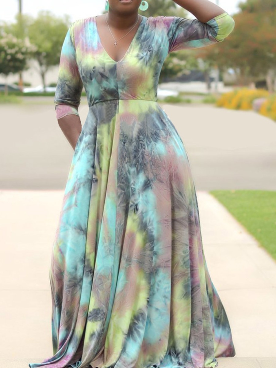 

LW BASICS Plus Size Boho V Neck Tie-dye Pink Floor Length Dress