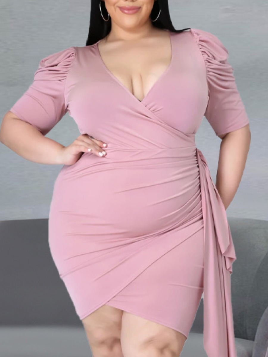

Lovely Plus Size Casual Bandage Ruffle Design Pink Mini Dress