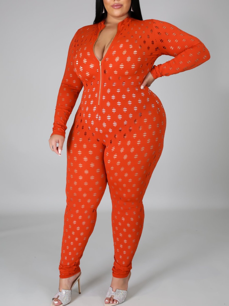

Lovely Plus Size Sexy Hollow-out Zipper Design Red One-piece Jumpsuit