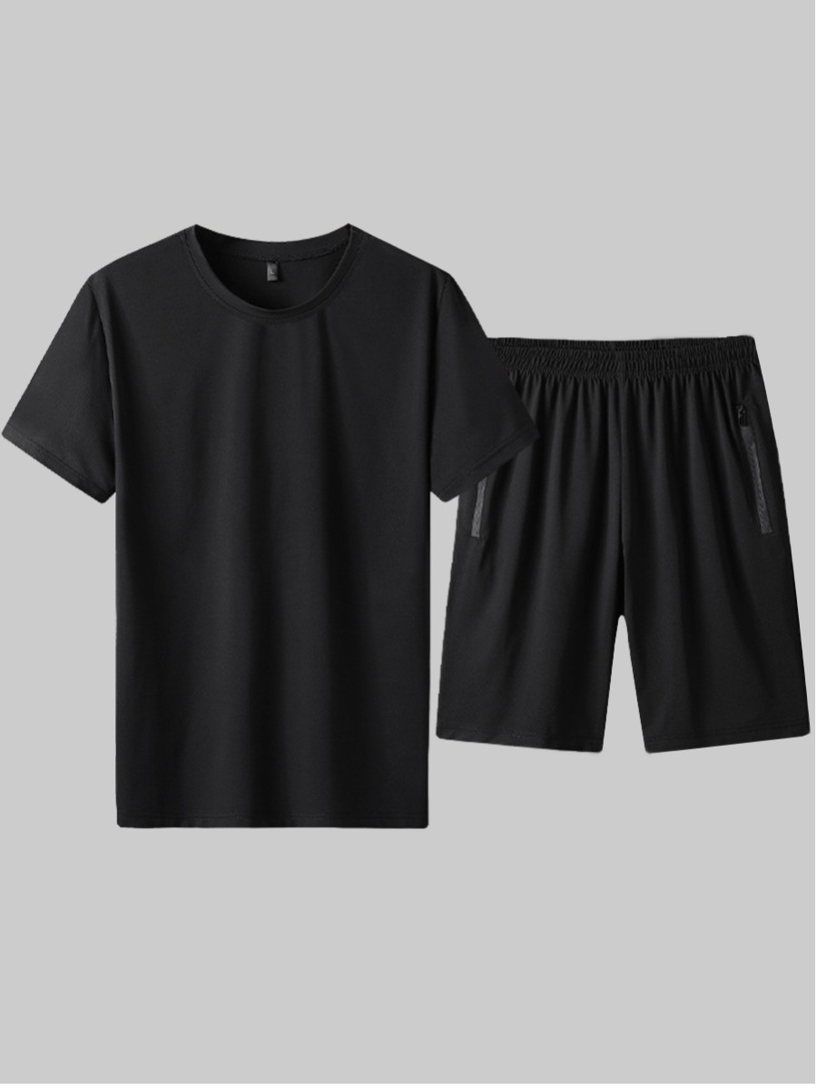 

Lovely Men Sporty O Neck Pocket Design Black Two Piece Shorts Set