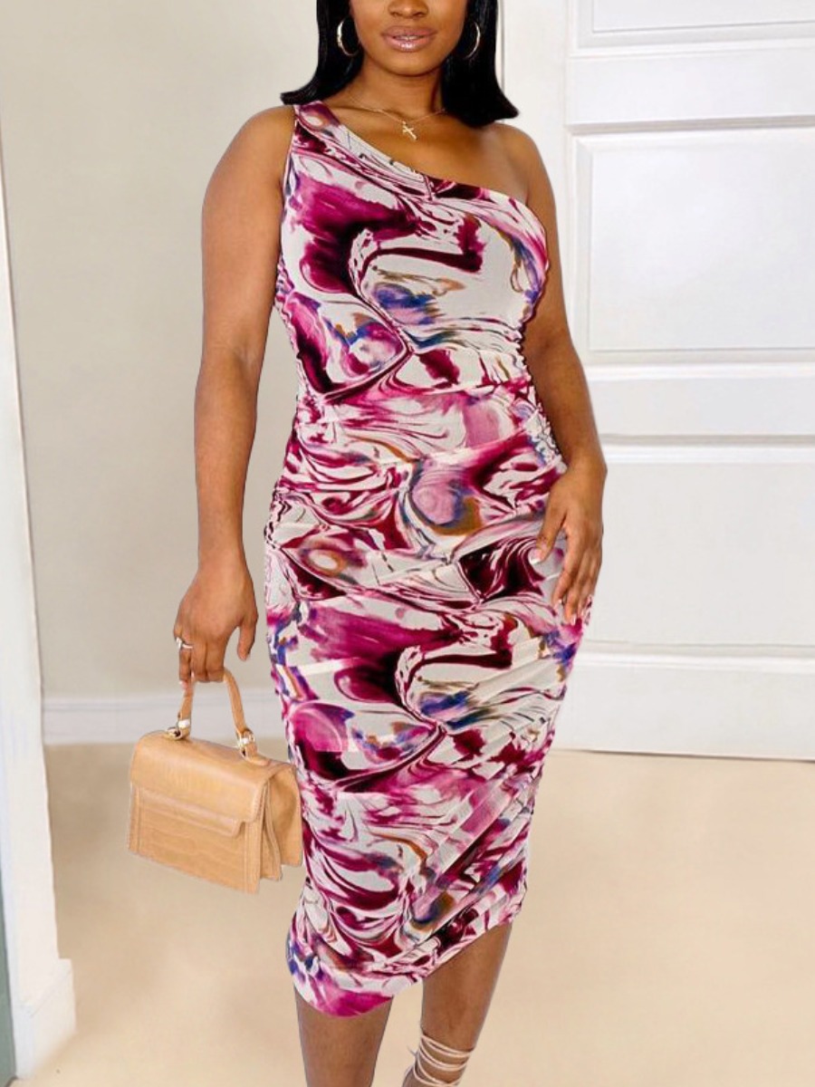 

Lovely Casual One Shoulder Print Patchwork Rose Red Mid Calf Dress