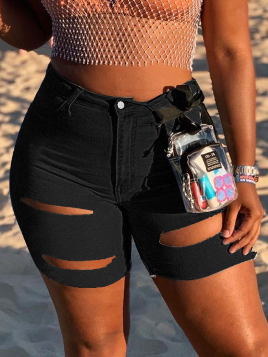 

Lovely Street Ripped Raw Edge Black Denim Shorts