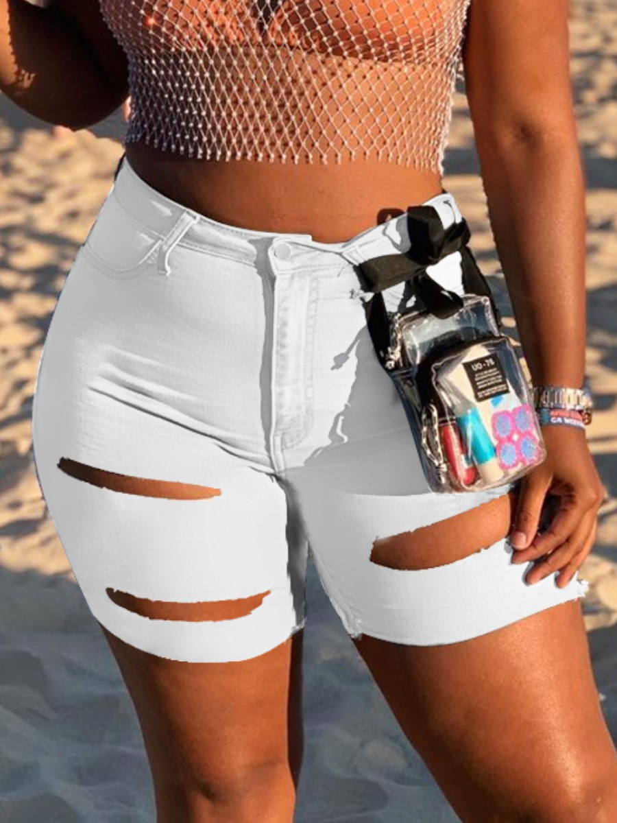 

Lovely Street Ripped Raw Edge White Denim Shorts