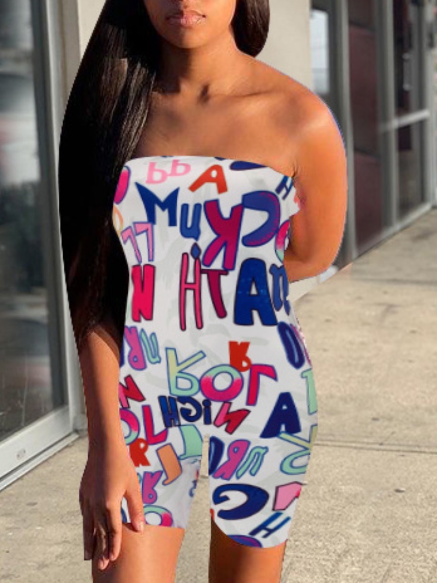 

LW Casual Off The Shoulder Letter Print White One-piece Romper