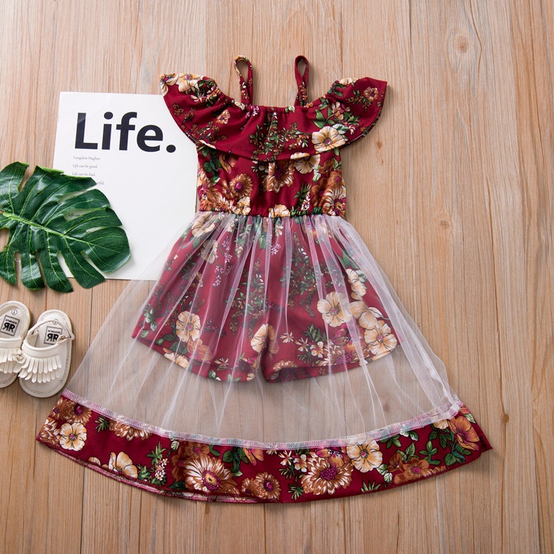 

Lovely Girl Sweet Floral Print Mesh Flounce Design Dull Red Knee Length Dress
