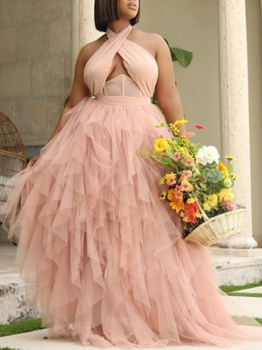 

LW SXY Plus Size Mesh Bandage Hollow-out Design Pink Floor Length Dress