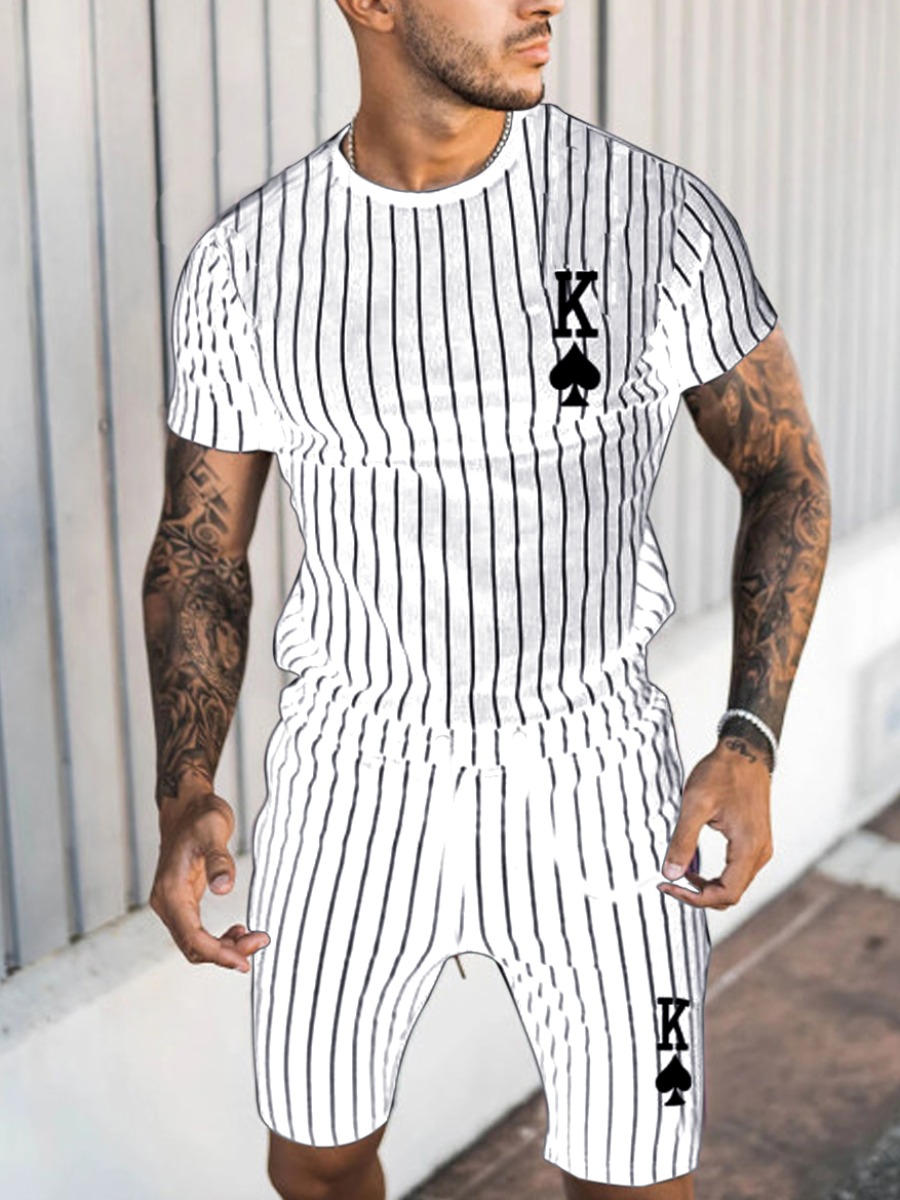 

Lovely Men Casual Letter Print Striped White Two Piece Shorts Set