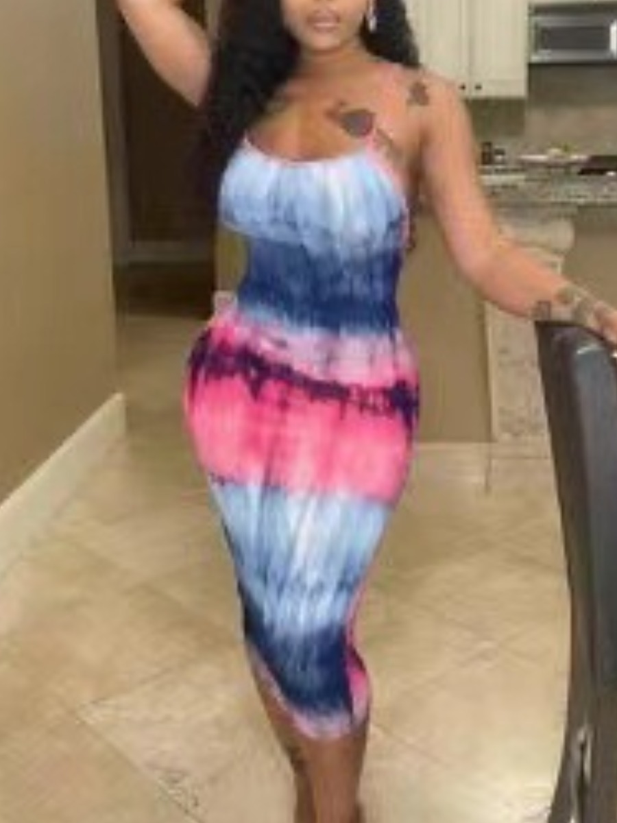 

Lovely Casual Tie-dye Basic Skinny Deep Blue Mid Calf Dress