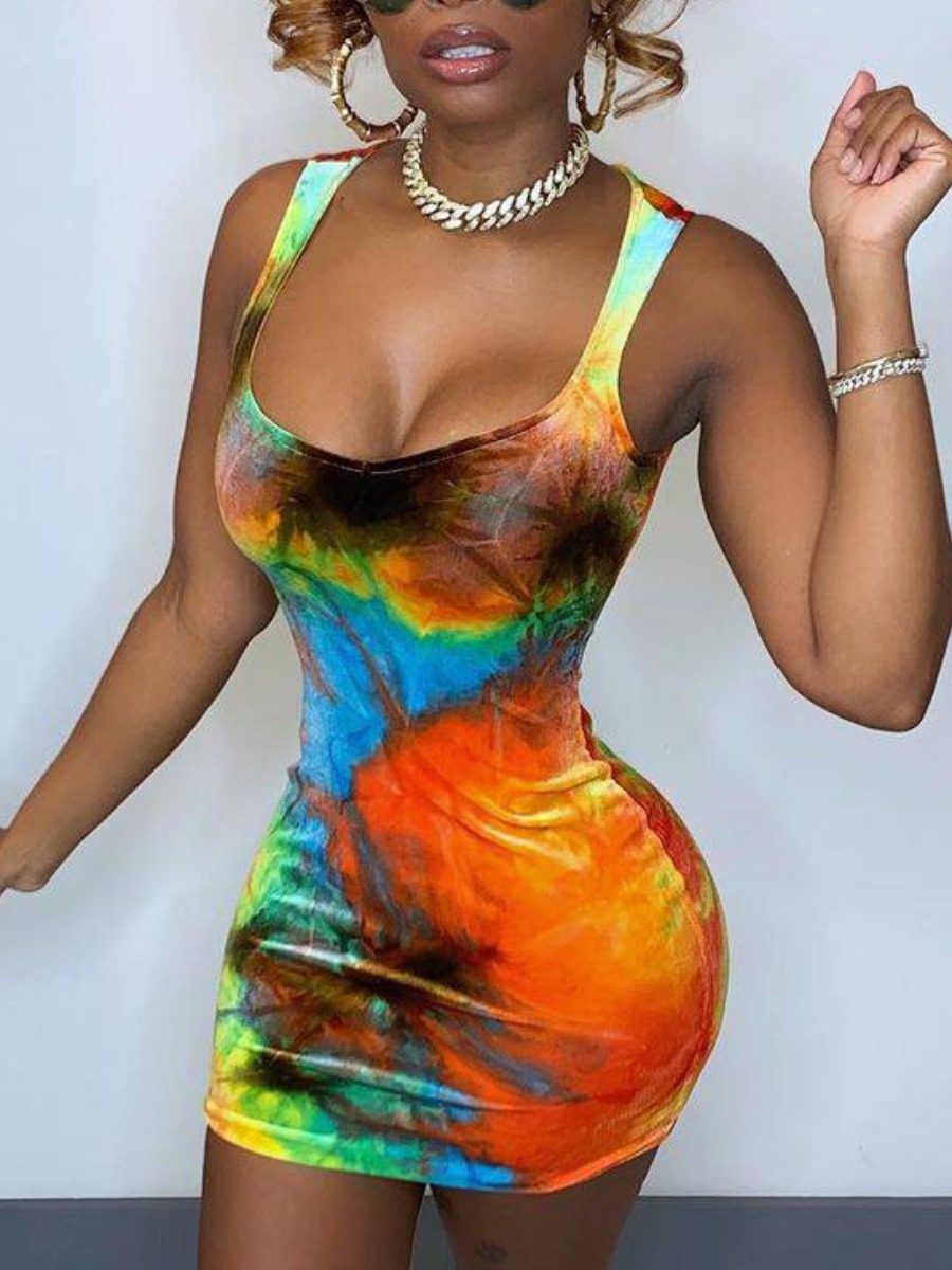 

Lovely Casual U Neck Tie-dye Croci Mini Dress