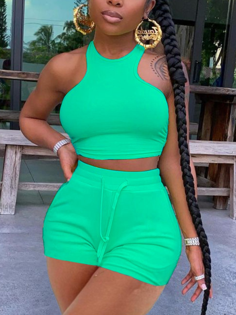 LovelyWholesale Round Neck Drawstring Shorts Set Summer Sleeveless Casual Lace Up Round Neck Spring Summer 2024