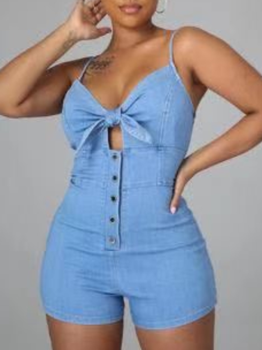 

Lovely Sweet Bandage Hollow-out Design Baby Blue One-piece Denim Jumpsuit