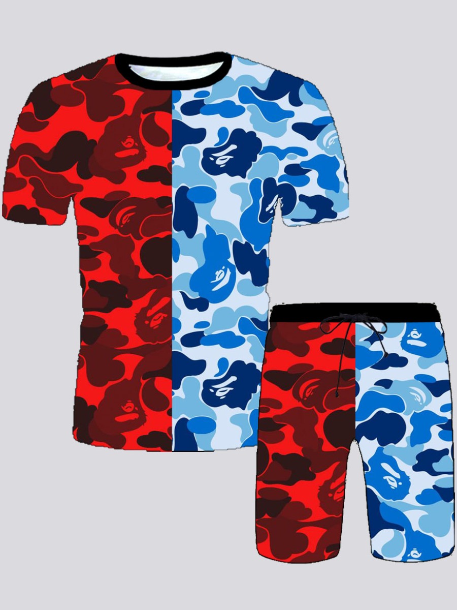 

Lovely Men Street O Neck Camo Print Red Two Piece Shorts Set