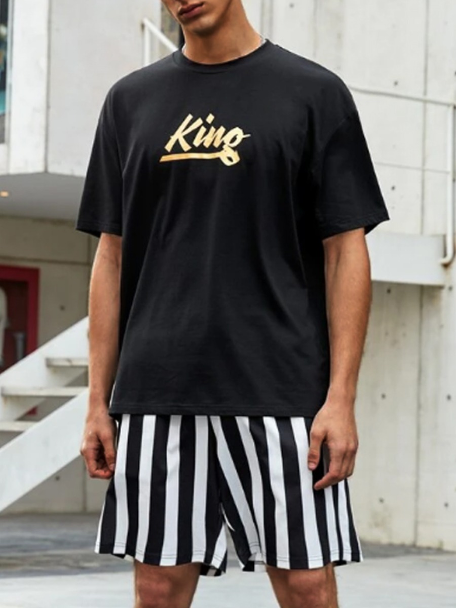

Lovely Men Casual Striped Letter Print Black Two Piece Shorts Set