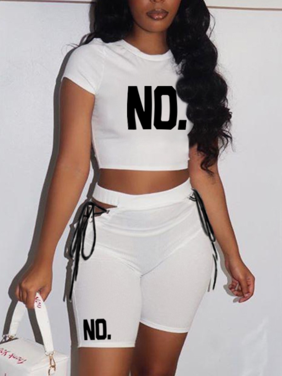 

Lovely Chic Letter Print Bandage Hollow-out Design White Two Piece Shorts Set