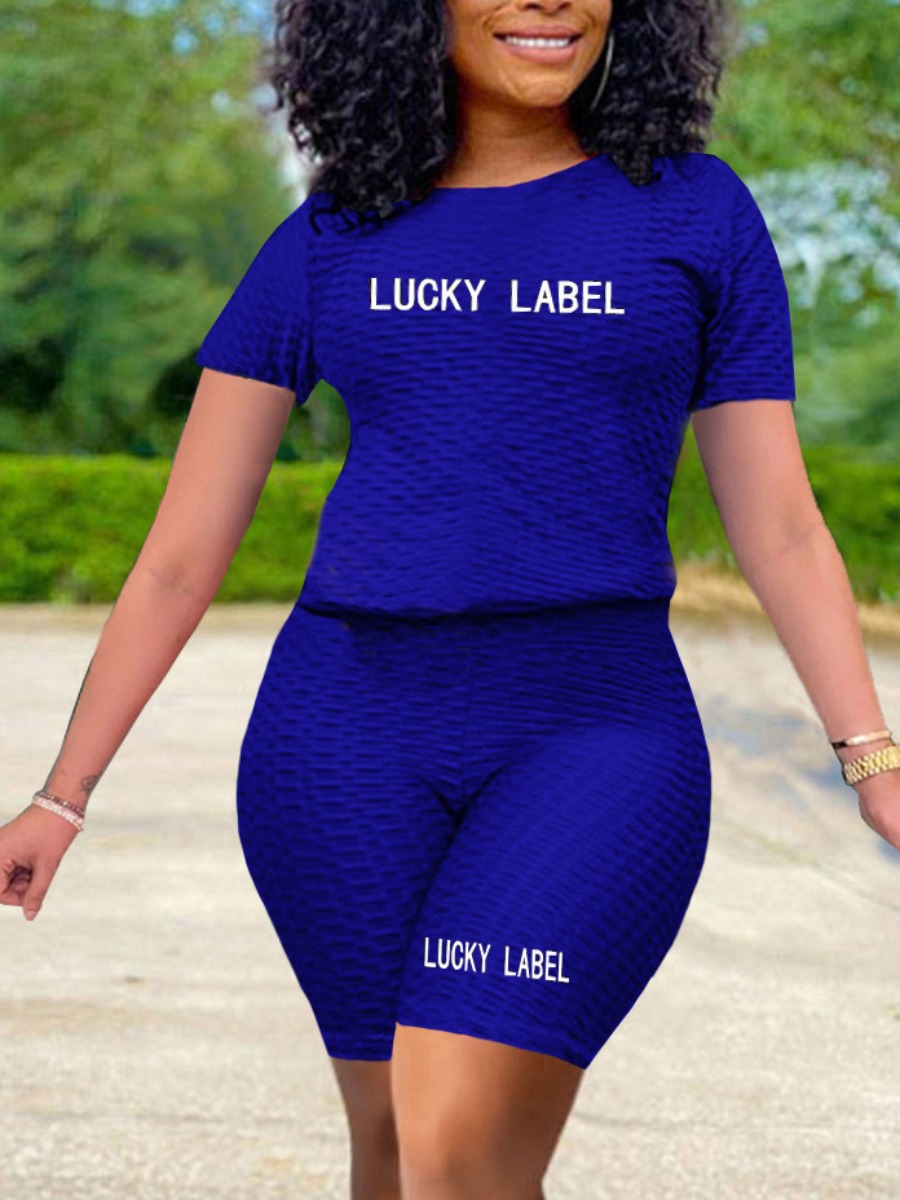 

Lovely Sporty O Neck Letter Print Blue Two Piece Shorts Set