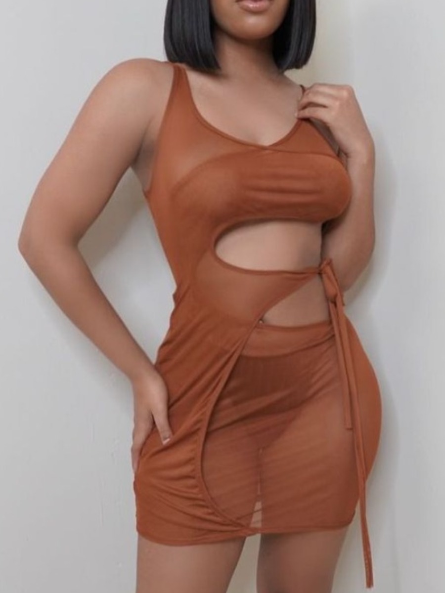 

LW Sexy See-through Bandage Hollow-out Design Coffee Mini Dress