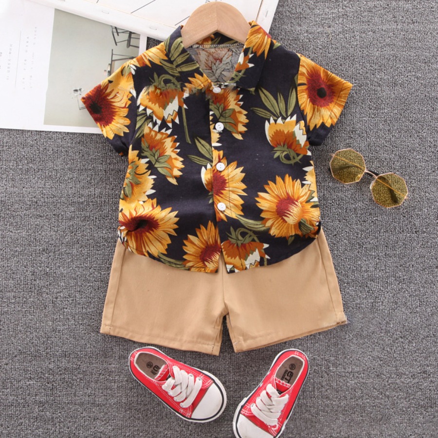 

Lovely Boy Boho Floral Print Patchwork Navy Blue Two Piece Shorts Set