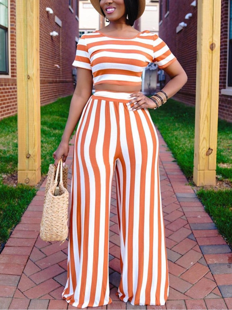 

Lovely Casual Striped Patchwork Croci Two Piece Pants Set