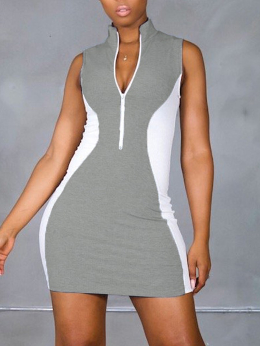 

Lovely Casual Color-lump Patchwork Grey Mini Dress