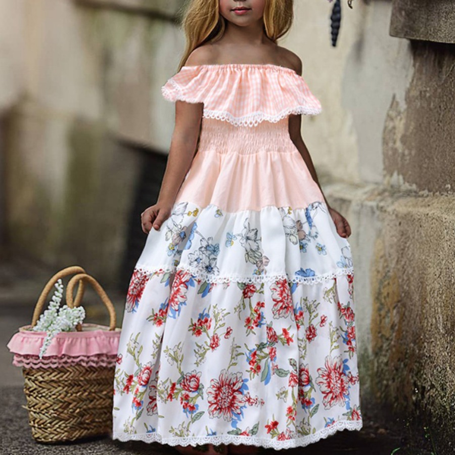 

Lovely Girl Sweet Floral Print Flounce Design Pink Floor Length A Line Dress