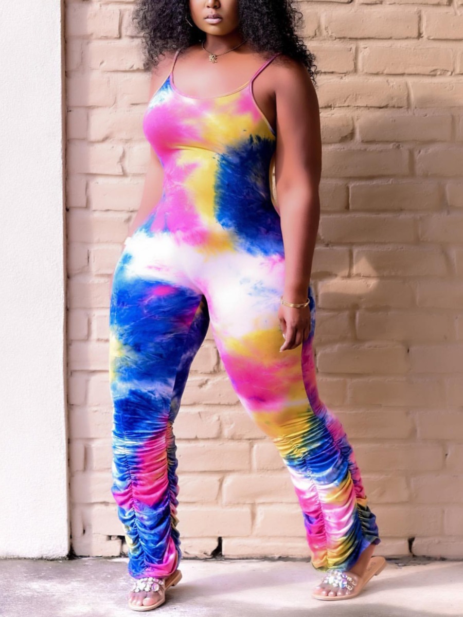 

Lovely Street Tie-dye Fold Design Blue One-piece Jumpsuit