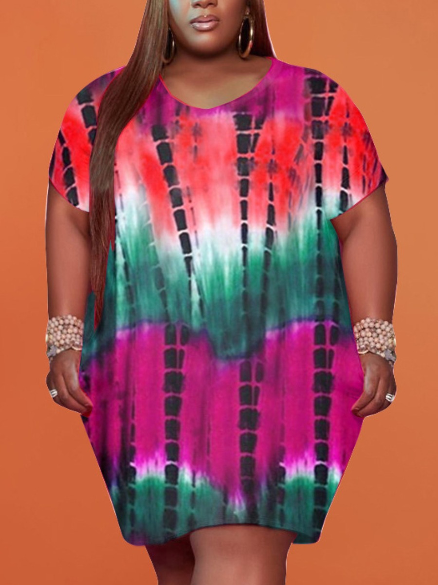 

LW Plus Size Casual O Neck Tie-dye Violet Knee Length Dress